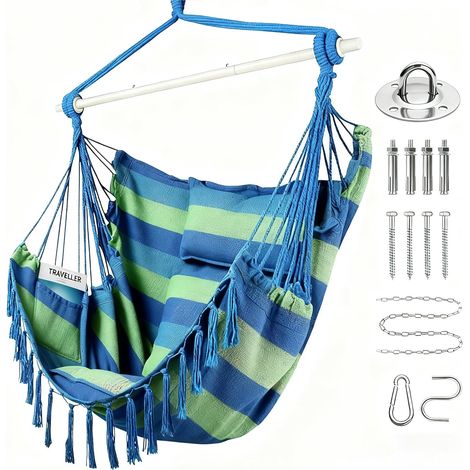 Chaise hamac avec 2 Coussins et Coussin de Cou,Grande Taille hamac siège balançoire avec Poche latérale et Tige en Acier Durable, Fauteuil Suspendu (Bleu Vert) (1/4)