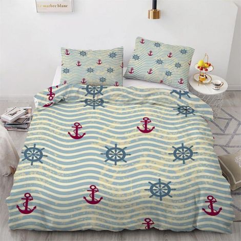 Bettwäsche-Set 200x200 cm 3-teilig Mikrofaser mit Anker-Motiv und Reißverschluss