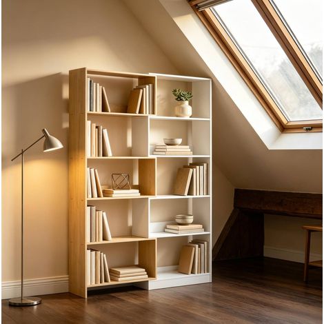 Libreria girevole 350° a 5 ripiani in truciolare rovere e bianco OKWISH (1/5)