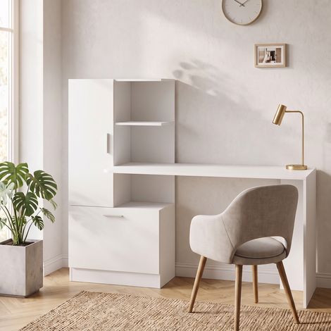 Bureau d'Ordinateur avec Bibliothèque, Bureau Informatique, Placard et Étagères Ouvertes, 150x55x122cm, Blanc (1/5)