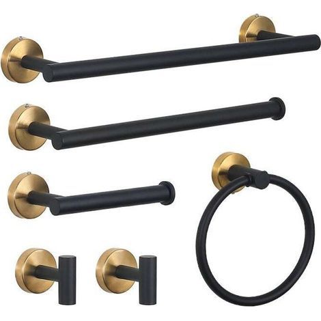 Lot de 6 Accessoires Salle de Bain - Porte-Serviettes, Porte-Papier Toilette, Crochets, Acier Inoxydable Or Brossé/Noir Mat, Montage à Vis (1/4)