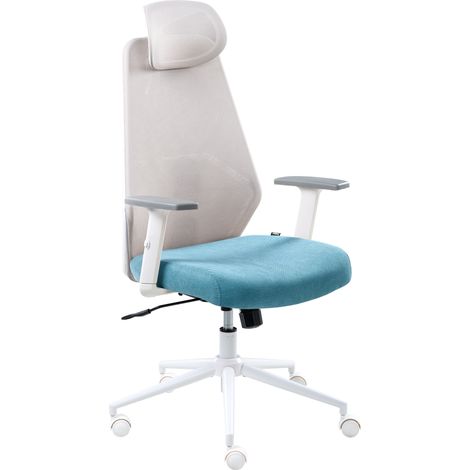 Silla de oficina multifuncional tapicería de malla reposabrazos y reposacabezas ajustables ajuste de la altura del asiento base giratoria inclinación del respaldo gris y verde azulado Oryn