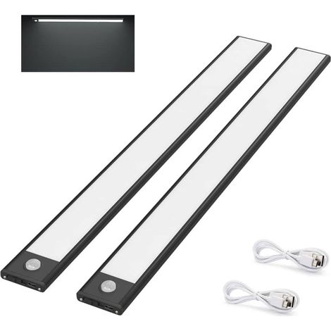 Lot de 2 lampes de placard de 30 cm, sans fil, rechargeables par USB, avec détecteur de mouvement, 3 modes d'éclairage, blanc froid 6000K et noir. (1/5)