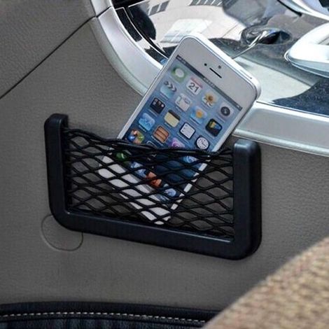 Sac de rangement adhésif en filet noir pour voiture, sac de rangement élastique en filet pour divers objets, rangement de voiture, filet de rangement pour téléphone portable