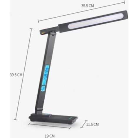 Noir， Lampe de Bureau LED avec Chargeur sans fil 10W, USB Recharge, Réglable Lampe de Table protection des yeux avec Écran LCD Calendrier, 5 Modes Lumière, 2 Modes Veilleuse