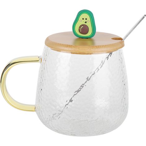Mug en Verre Borosilicate Résistant à la Chaleur 400ml avec Cuillère Inox et Couvercle Bambou (Avocat) (1/5)