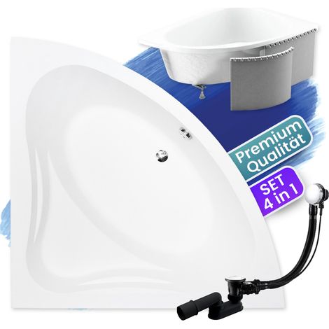 Badewanne Eckbadewanne 140x140 mit Styroporverkleidung, Ablaufgarnitur & Füßen GRATIS - Komplettset 4in1 Original Acryl Wanne Siphon - BADLAND MIA