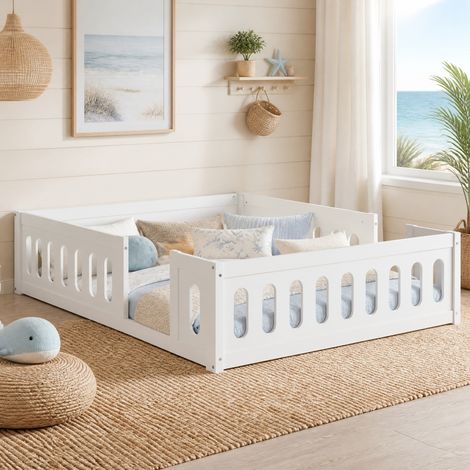 Lit simple enfant 140x200 cm en bois de pin et MDF blanc avec barrière pour chambre - CHICFURN (1/5)
