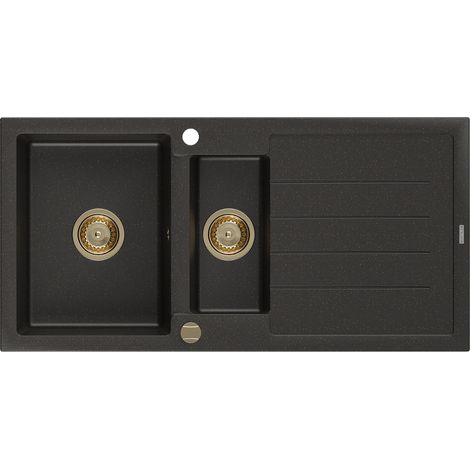 Mexen Andres fregadero de granito de 1,5 senos con escurridor 1000 x 500 mm negro/dorado metalizado, sif贸n dorado (1/5)