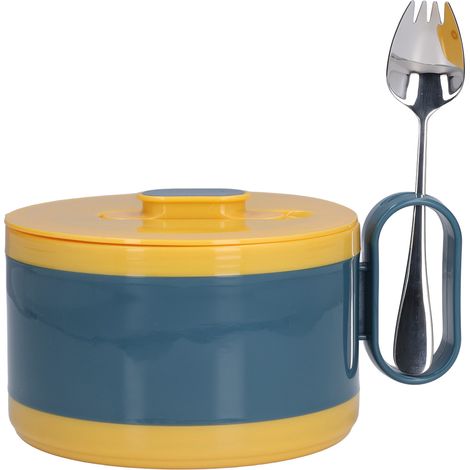 Bol Ramen en Acier Inoxydable Double Isolation avec Couvercle pour Étudiants et Bureau (Bleu Marine + Cuillère 304)