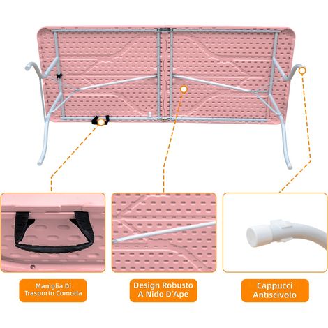 Tavolo pieghevole portatile 180 cm robusto con maniglia, multifunzionale per campeggio picnic feste interno esterno, capacità 135 kg, colore rosa (1/5)