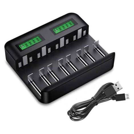 Chargeur LCD 9008, 8 Slots, Piles AA AAA C D NiMH NiCD, USB-C Micro USB, Détection -∆V (1/4)