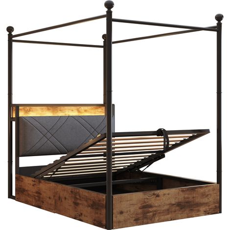 Cama litera metal 90x190 con almacenaje elevable, LED, USB-C, negro MODENUIT (1/5)