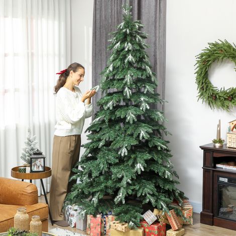 Sapin de Noël artificiel 210 cm de Branches réalistes avec support en acier effet neige, base pliable Assemblage rapide