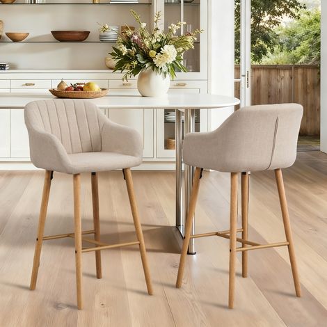 Lot de 2 tabourets de bar avec dossier haut et accoudoirs, lin beige, 75 cm, REDOM (1/5)
