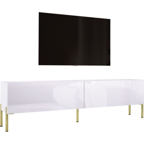 Meuble TV : Blanc Mat / Blanc Brillant, pieds dorées, 170 × 52 × 32 cm (1/5)