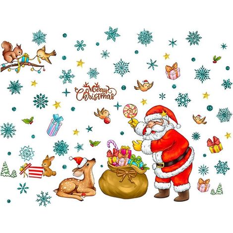 Autocollants de fenêtre de Noël - Motif Père Noël - Couronne de flocons de neige - Décoration de fenêtre - Double face - PVC - Pour fenêtre en verre - Décoration de Noël