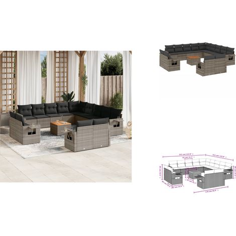 14-tlg. Garten-Sofagarnitur mit Kissen Grau Poly Rattan - Gartenmöbel Set - PE-Rattan Möbel - Outdoor Lounge - Esszimmergarnitur - Balkonmöbel (1/3)