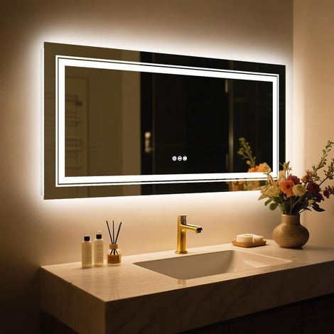 Specchio Bagno LED 120x60cm Luce Retroilluminato + Frontale, Piu luminoso, Specchio Smart Rettangolare touch, Dimmerabile 3 Colori, Antiappannamento (1/5)