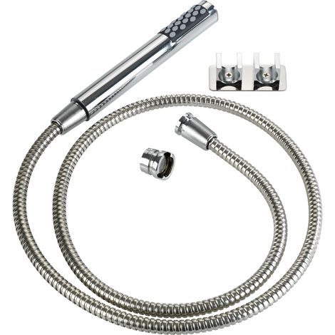 WENKO Kit doccetta per rubinetto con gancio Duo, doccetta per lavabo con soffione e flessibile - 2 ganci da parete per appendere il soffione, Acciaio Inox - Plastica, 170x2,7x2,7 cm, lucido (1/6)