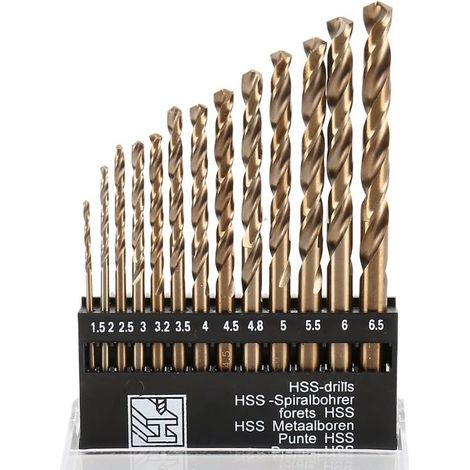 Set mit 13 HSS M35 Spiralbohrern aus Hochleistungsschnellstahl mit Titanbeschichtung, extrem hitzebeständig, mit geradem Schaft von 1,5 mm bis 6,5 mm zum Bohren in Holz (1/5)