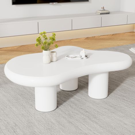 Table basse en forme nuage 97x67x32 cm, plateau en MDF, 3 pieds en PVC, blanc