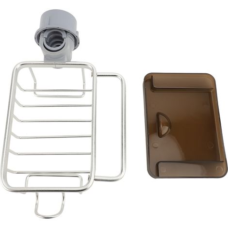Organisateur de robinet d'évier de cuisine en aluminium épais, porte-éponge multifonction réglable avec crochet de suspension et bac d'égouttage, couleur argent. (1/5)