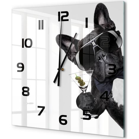 Grande Horloge Murale Carrée Décorative en Verre Trempé Silencieuse pour Chambre Chien martini 60x60 cm (1/5)