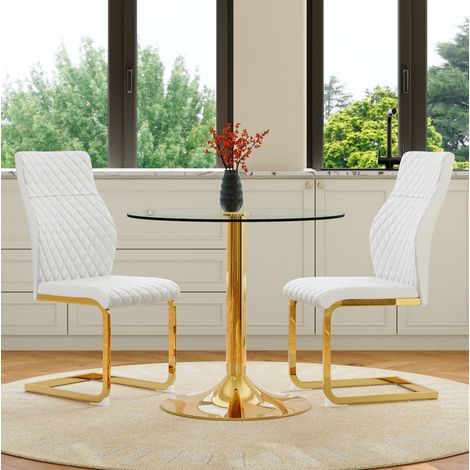 Set tavolo e sedie rotondo in vetro temperato 85 cm, 2 posti, bianco e oro HAVRYA (1/5)