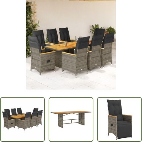 Gartentisch - 9-tlg. Garten-Essgruppe mit Kissen Grau Poly Rattan (1/5)