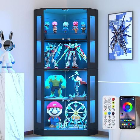 Eckvitrine 165cm mit LED Beleuchtung, 4 Regalböden, Glasvitrine für Sammlerstücke (1/5)