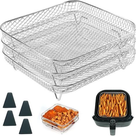 Grille carrée de 20 cm pour friteuse à air chaud, égouttoir empilable en acier inoxydable 3 pièces avec pieds en silicone, accessoire carré pour friteuse à air chaud, pour Cosori, Ins (1/4)