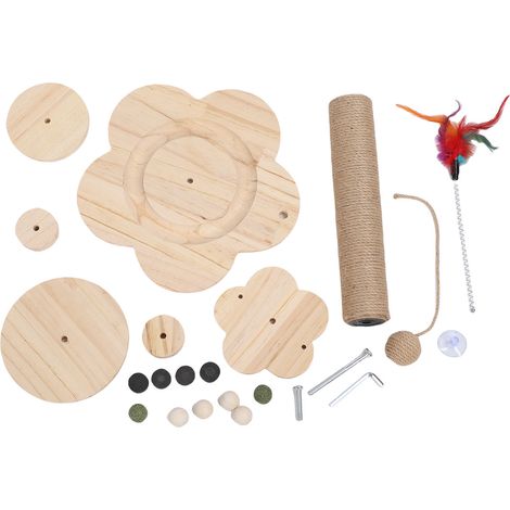 Tiragraffi per gatti con base in legno massello impermeabile, ampia torre con giocattolo e pallina interattiva, dimensioni ridotte 29 x 40 cm, altezza colonna: 30 cm. (1/4)
