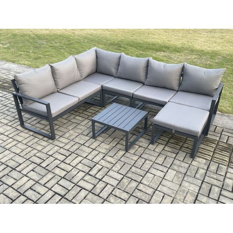 Fimous 7 Seater Aluminium Garden Furniture Set Outdoor Lounge Corner Sofa Square Coffee Table Sets with Big Footstool Dark Grey (1/5)