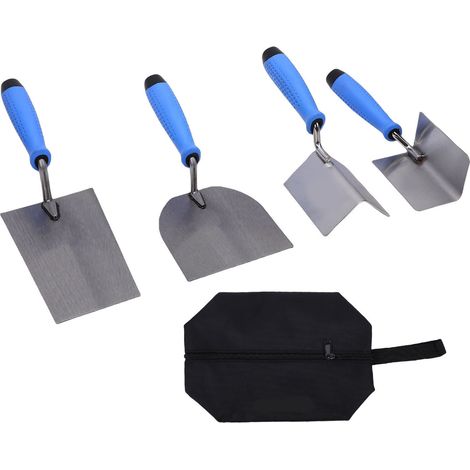 Juego de 5 llanas de acero inoxidable para enlucir, herramientas para esquinas interiores y exteriores, llanas para mampostería con mangos de TPR. (1/5)