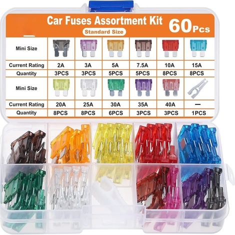 60Pcs Car Fuse Set - for Truck/RV/Truck/Motorcycle Auto Fuses (2A 3A 5A 7.5A 10A 15A 20A 25A 30A 35A 40A) - Flat Medium Automotive Fuses + 1 Extractor, Father's Day Gift (1/5)