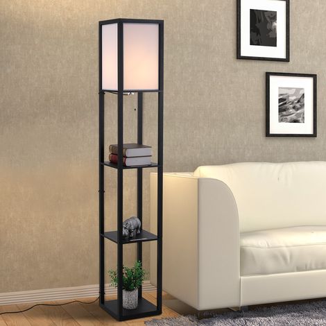 HOMCOM Stehlampe mit Ablagefächern, moderne Holzlampe, E27-Leuchtmittel, für Wohnzimmer, Schlafzimmer, Büro, Schwarz