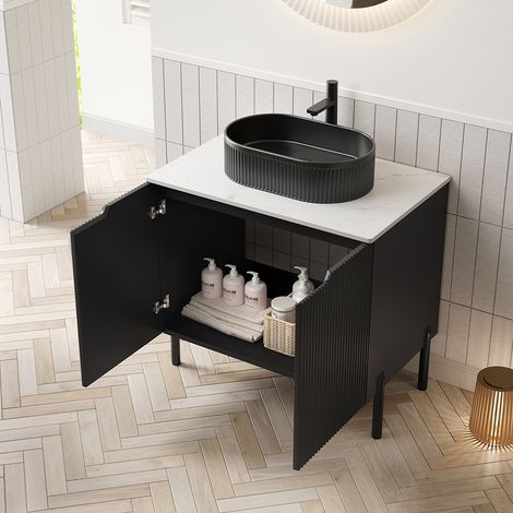 Meuble de salle de bain 76 cm avec lavabo ovale en céramique rayée et meuble 2 portes rayé - Noir (1/5)