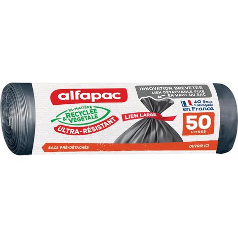 10 sacs-poubelle 50L à lien large ultra-resistant - fabriqués en France - bi-matière recyclée & végétale - Gris (1/5)