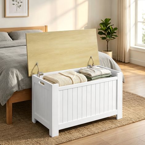Coffre de rangement 90 L avec couvercle, coffre de rangement polyvalent avec charnière de sécurité, 80,5 x 40 x 46,4 cm, naturel et blanc (1/5)