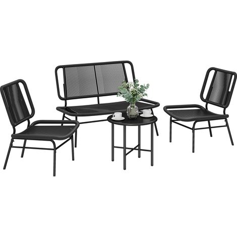 Polyrattan Gartenmöbel Set 4-teilig Lounge Sofa Sessel Outdoor Set mit Couchtisch Metallrahmen Schwarz