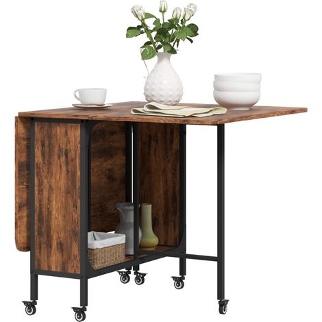Table Pliable en Bois et Métal avec 6 Roues et Étagère, Finition Marron Rustique pour Bureau ou Cuisine Moderne (1/5)