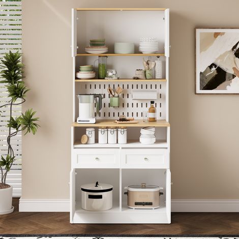 MODFU - Credenza alta 175 cm, mobile contenitore multifunzionale per cucina e sala da pranzo, MDF/truciolato, legno bianco e naturale (1/5)