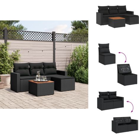 Salon de jardin 5 pcs avec coussins noir résine tressée - Ensemble Salon De Jardin - Mobilier Extérieur - Jardin Design - Chaise Lounge - Set Salon (1/5)