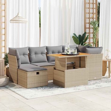 7-tlg. Garten-Sofagarnitur mit Kissen Beige Poly Rattan Akazie (1/5)