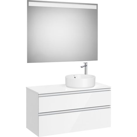 Pack meuble "The gap" 1000 pour vasque à droite - 2 tiroirs + plan + miroir LED - blanc brillant/poignées alu brillantes - Roca (1/2)