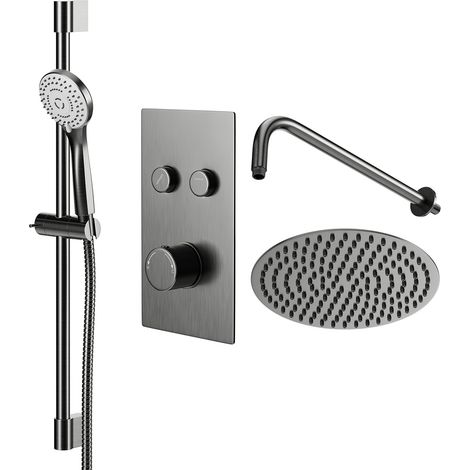 Colore Round Gunmetal Grey Concealed Push Button Twin Thermostatic Shower Valve Including 300mm Fixed Shower Head with Wall Arm and Slide Rail Kit - 2 Outlet (1/5)