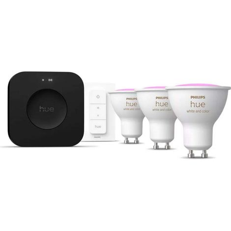 Philips Hue Kit inicio 3 bombillas inteligentes Philips Hue WCA GU10 400Lm, White & Color+Hue Bridge Pro+Dimmer Switch (1/5)