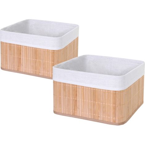 [NON UTILIZZATO] Set 2x cestini contenitori portaoggetti elegante HHG-222 legno bambù 33x33x21cm naturale