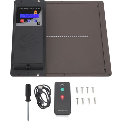 Ouvre-porte automatique pour poulailler horizontal, alimenté par batterie et USB, minuterie, capteur lumineux, télécommande, affichage LED, en fer, marron (1/5)